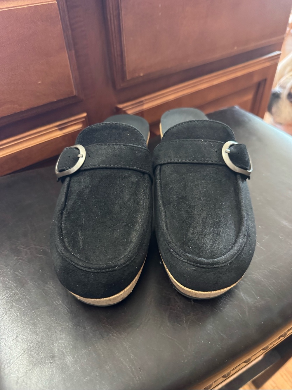 Corky’s Black Suede Slip-On Mules with Buckle Detail size 7 in EUC